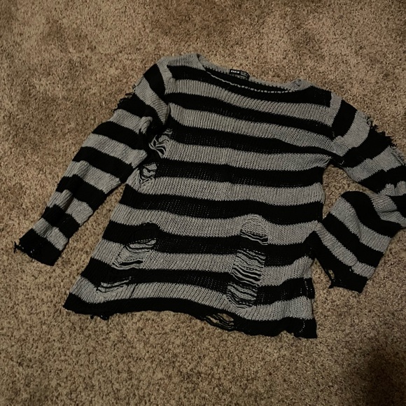 Shein black and gray striped sweater with distressed detailing. Small - Picture 2 of 3